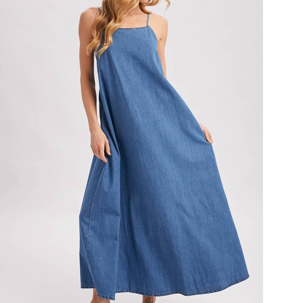 Denim Chambray Open Back Maxi Dress - Sleeveless Tent Dress with Pockets - Picture 5 of 10